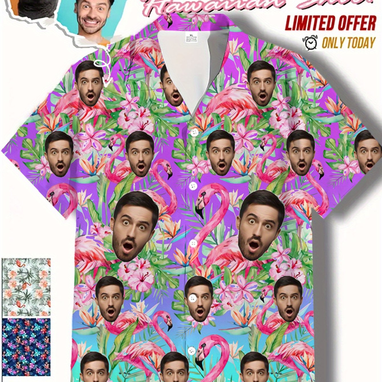 TEMU Custom Photo Hawaiian Shirt - Personalized Tropical Flamingo And Floral Pattern Button- Shirt, Hawaiian Vacation Party Outfit -
