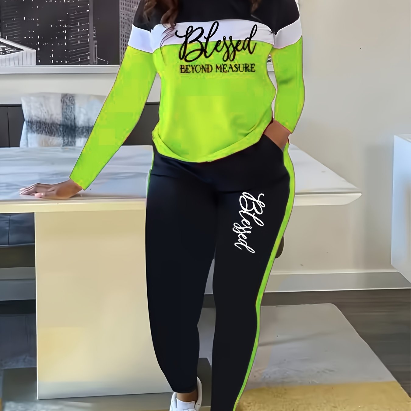 Image of Plus Size - Women's Fashion Suit, Blessed Lettering Contrast Long-sleeve Top And Trousers Two-piece Set, Suitable For Daily And Casual