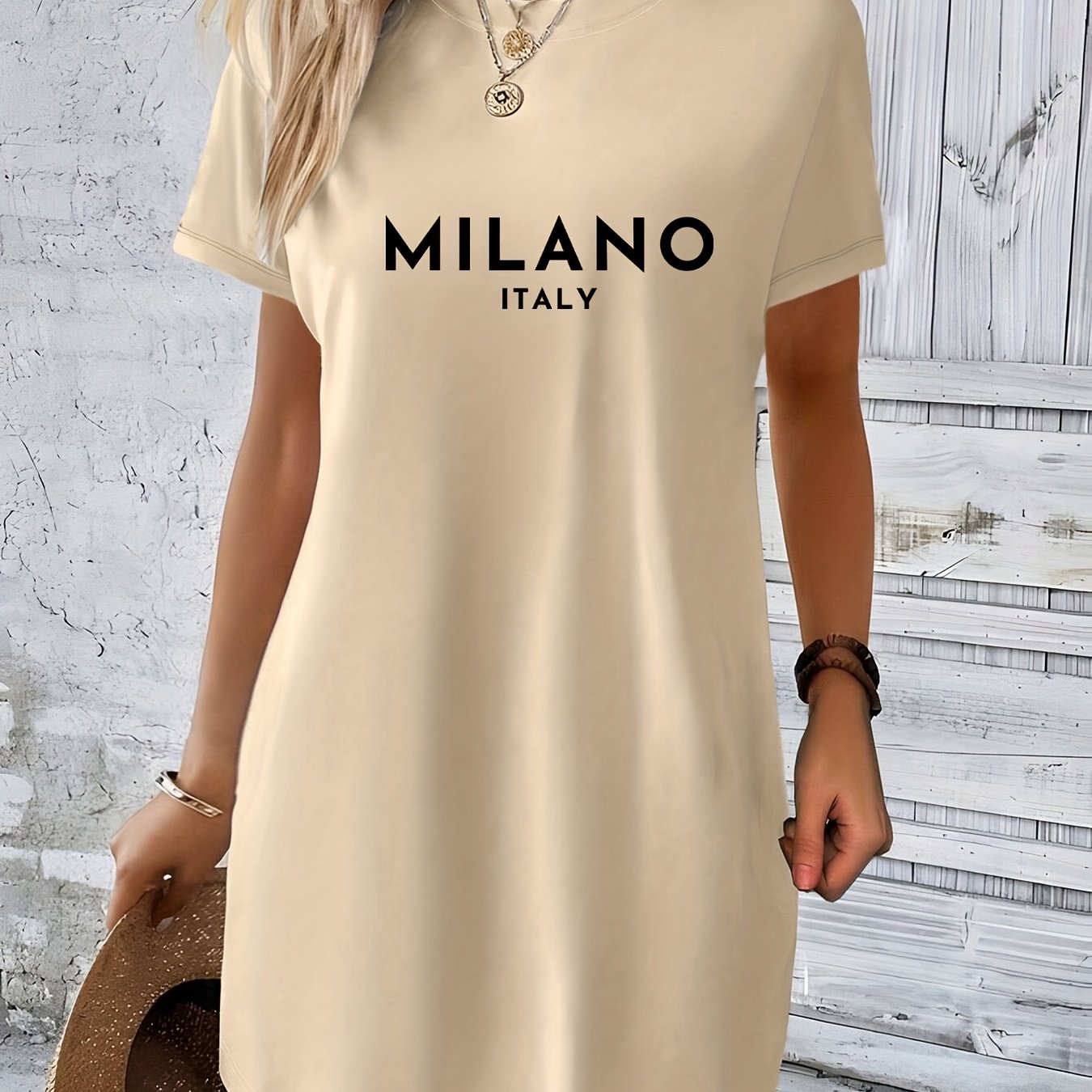 TEMU Italy Letter Print Women's Knit T-shirt Dress - Casual Crew Neck Short Sleeve Dress For Spring/summer, Soft Polyester Fabric, , Everyday Dress |
