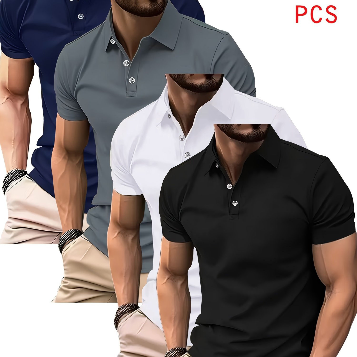 TEMU Chemise à Col à Revers de Couleur Unie, Lot de 4 Pièces Assorties, Chemise de Décontractée Respirante à Séchage Rapide, en Léger Extensible à