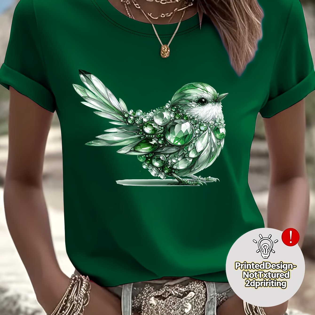 TEMU Rhinestone Cute Bird Pattern Flat Print Short Sleeve, Regular Fit Round Neck T-shirt, Fashionable Elegant Spring Summer Women's Wear, Outdoor