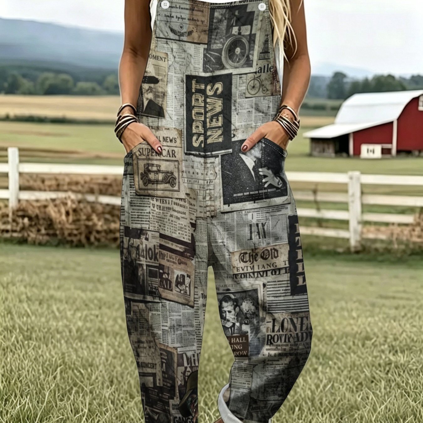 TEMU Women's Leisure Overalls, Black And White Monochrome Collage Newsprint Fashion Sleeveless Button-design With Pockets, Suitable For Vacation And