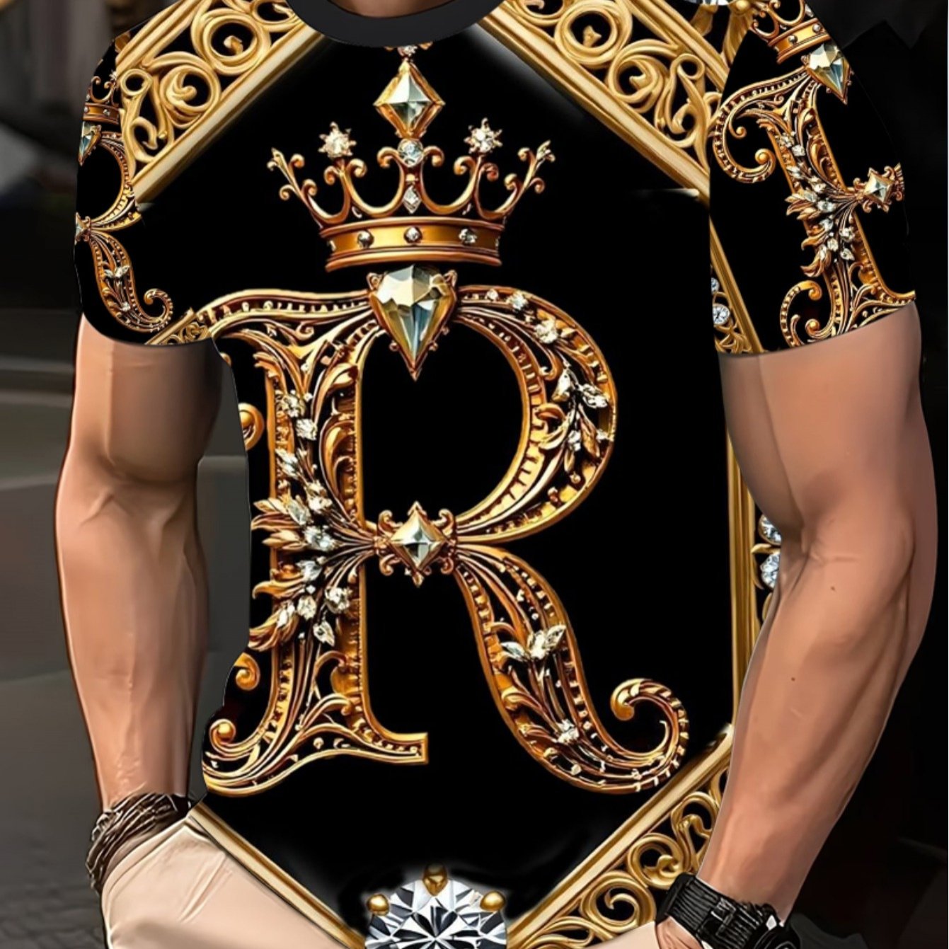 TEMU Summer 's Summer Print T-shirt, Retro Print Short Sleeve T-shirt, Diamond Crown Letter R Pattern, Breathable Fabric, Soft And Comfortable, -