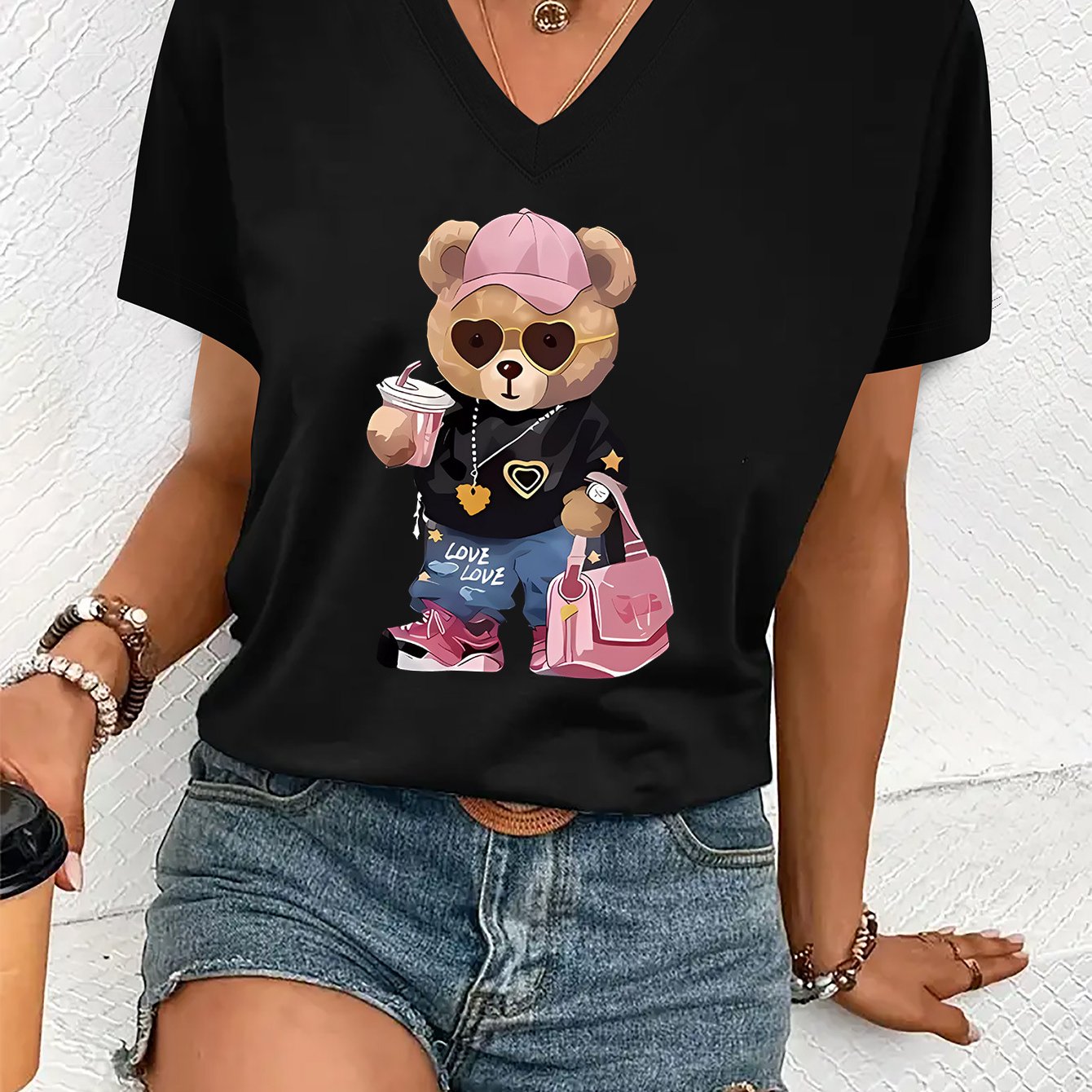 TEMU T-shirt à Imprimé , Haut Décontracté à Manches Courtes et Col en V pour l'Été & , Vêtements pour Femmes