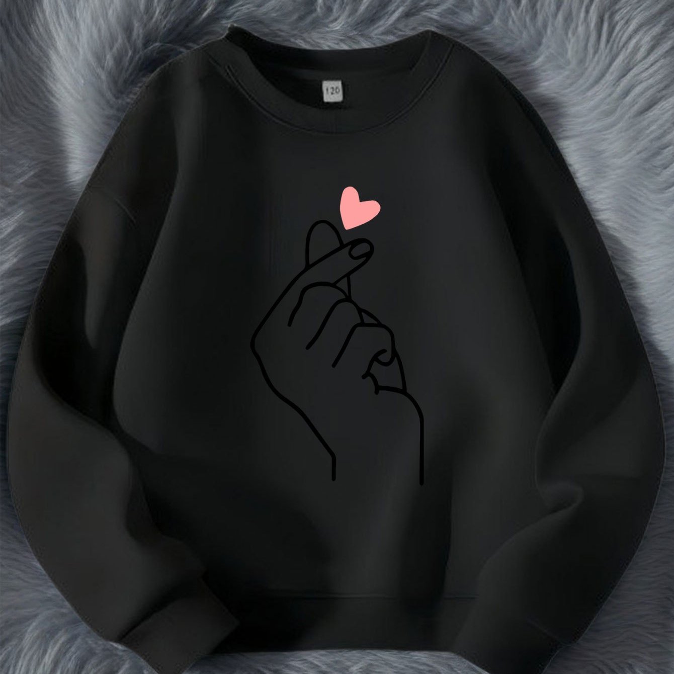 Girls' Autumn/winter Long-sleeve Loose Fit Casual Crewneck Sweatshirt With Heart Hand Gesture Print, Fashionable And Trendy Clothing