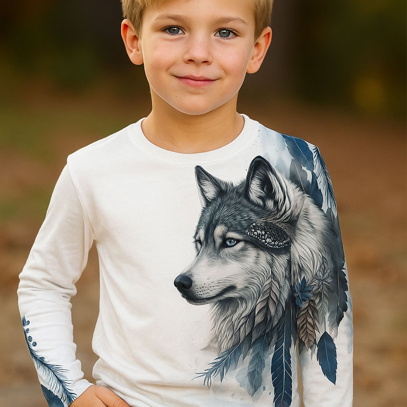TEMU Fashionable Wolf Element Printed Long- Sleeve Top For Boys: White Top With Fun Wolf Head And Feather Artistic Patterns, Style And Full Of