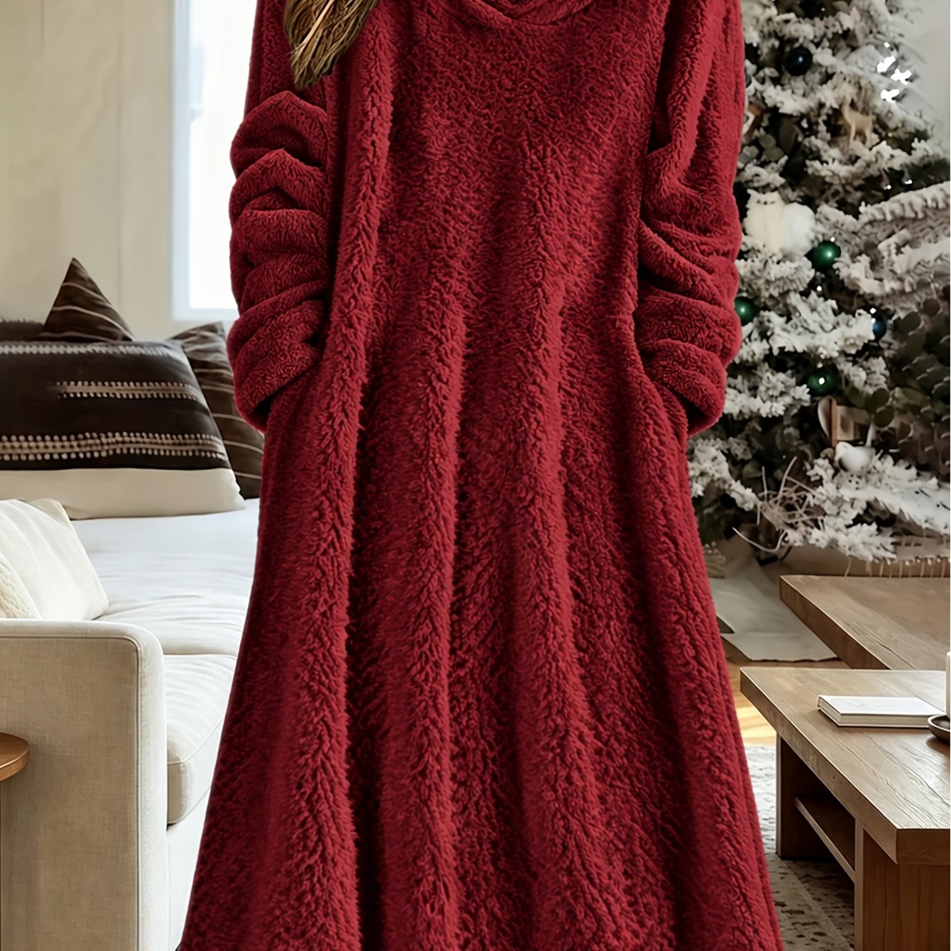 TEMU Women's Long Sleeve Round Neck Casual Loose Warm Hooded Fleece Sweater Midi Dress