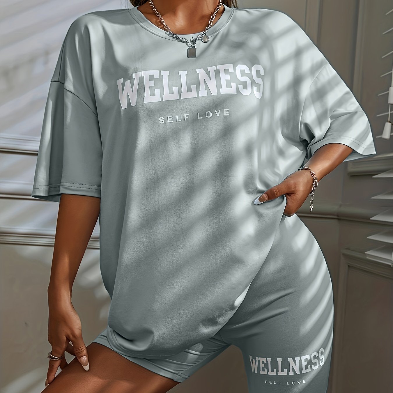 Image of Casual Two-piece Set For Women, Letter Print Loose Short-sleeved T-shirt And Shorts Set