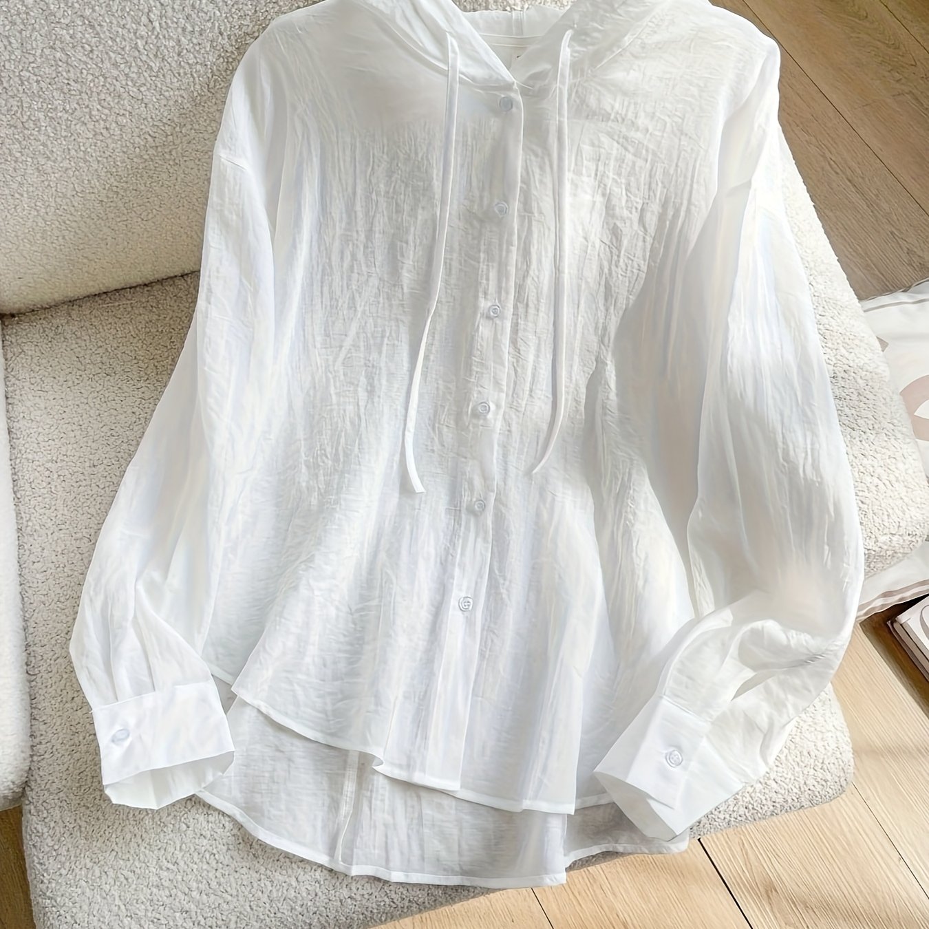 E-shop Sommerliches weißes Kapuzenhemd Damen Neues langärmeliges, locker geschnittenes Herrenstil-Cardigan-Mantel mit Hut Oberteil Damen