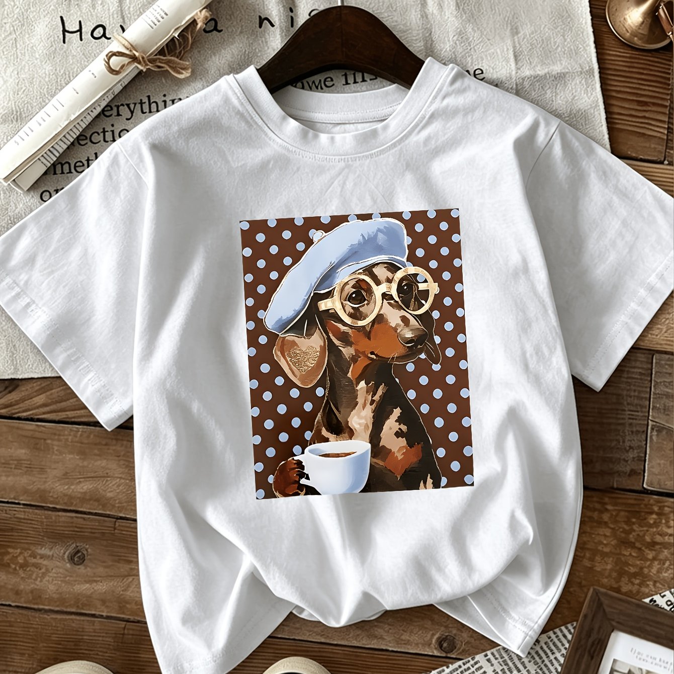 TEMU Women's Semi-sheer Short Sleeve T-shirt With Dog & Print - Casual Crew Neck -compatible Top | Machine Washable Style Tee Suitable For Warm