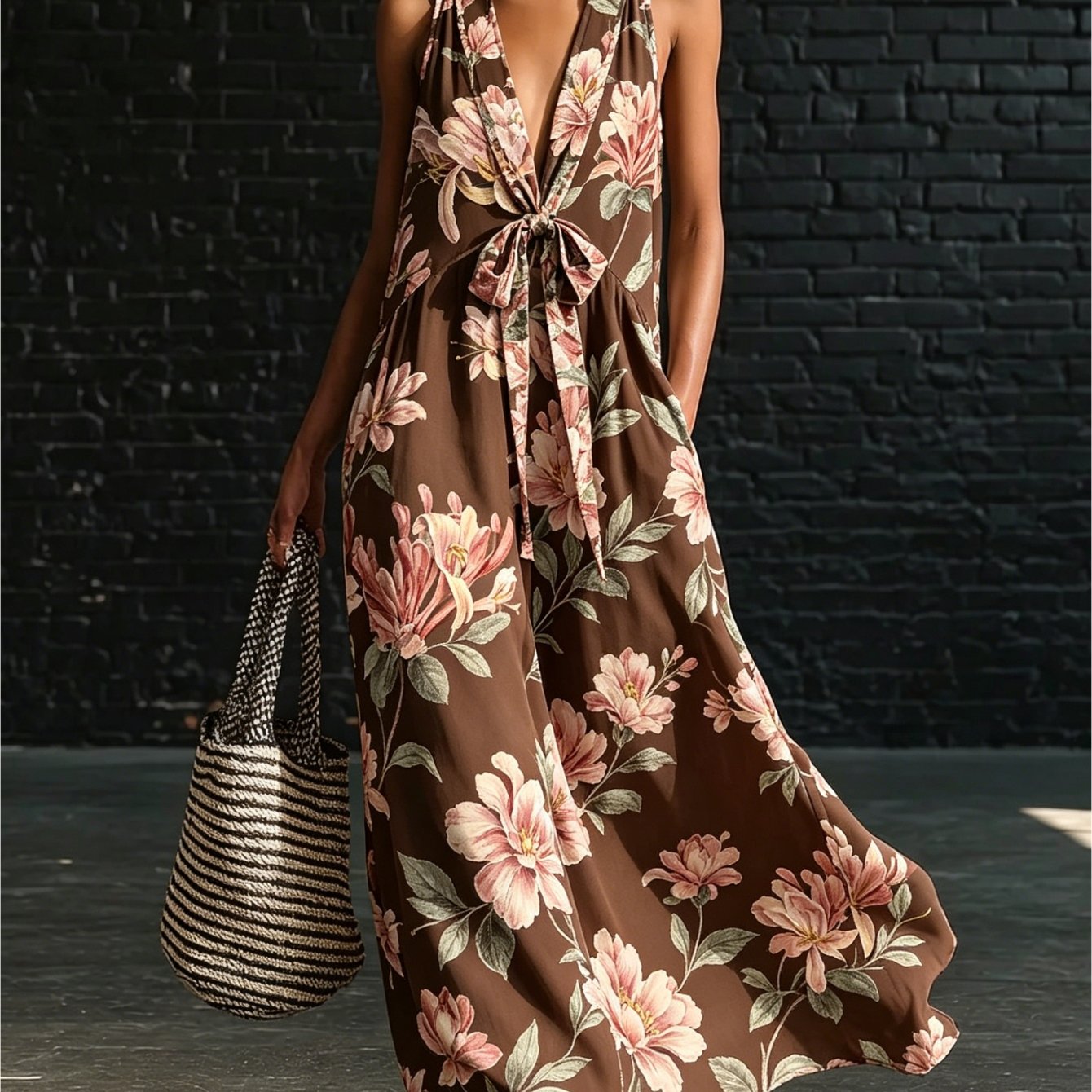 Plus Size - Women Loose Size Sleeveless Halter V Neck Maxi Dress Breathable Heat Sublimation Printed Long Gown Front Matching Fabric Bow Tie Hibiscus Floral Brown Base Pattern