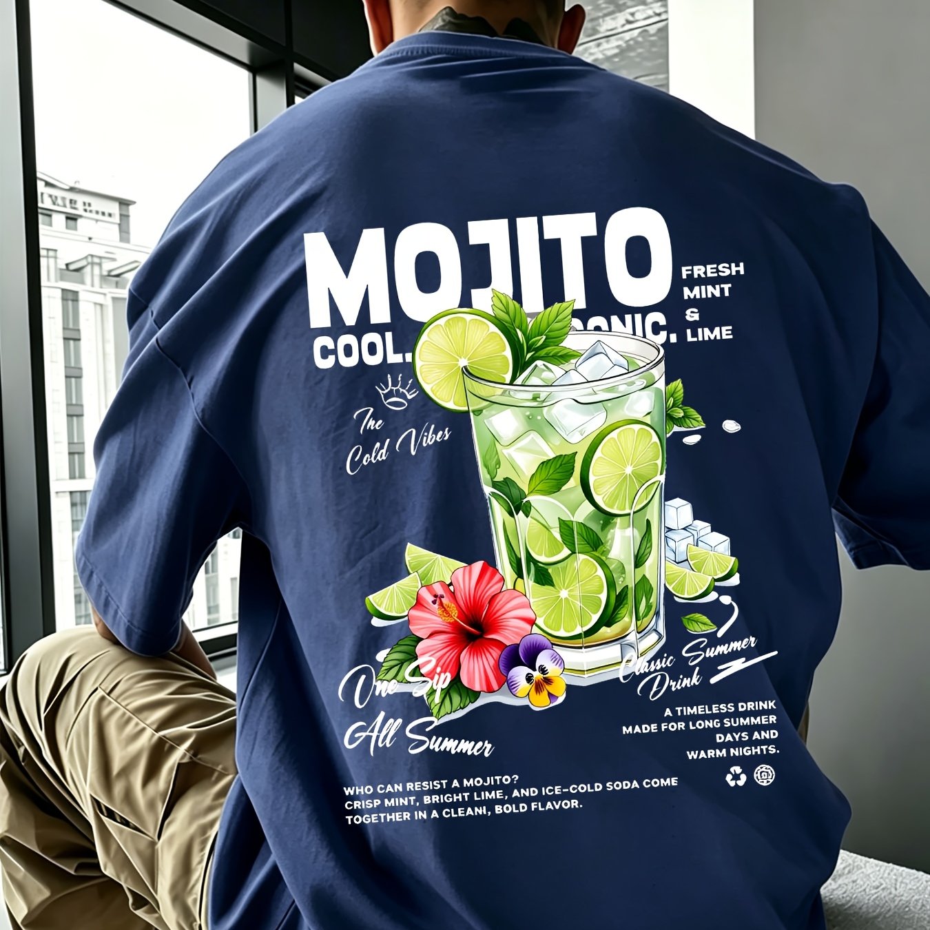 Image of Men's Spring T-shirt - Cocktail Graphic - Fresh Print - Vibes - Oversized Loose Fit - Beach Party Casual Tee