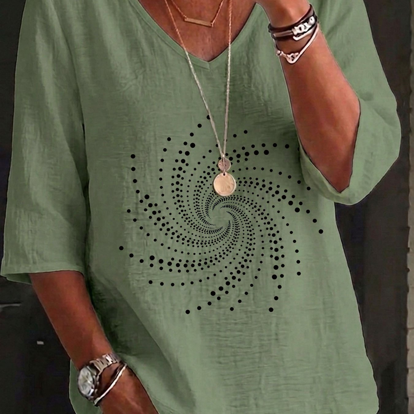 TEMU Spring/summer Casual 's Top, Tech Style, Polka Dot And Spiral Print, Loose Fit V-neck Three-quarter Sleeve Top