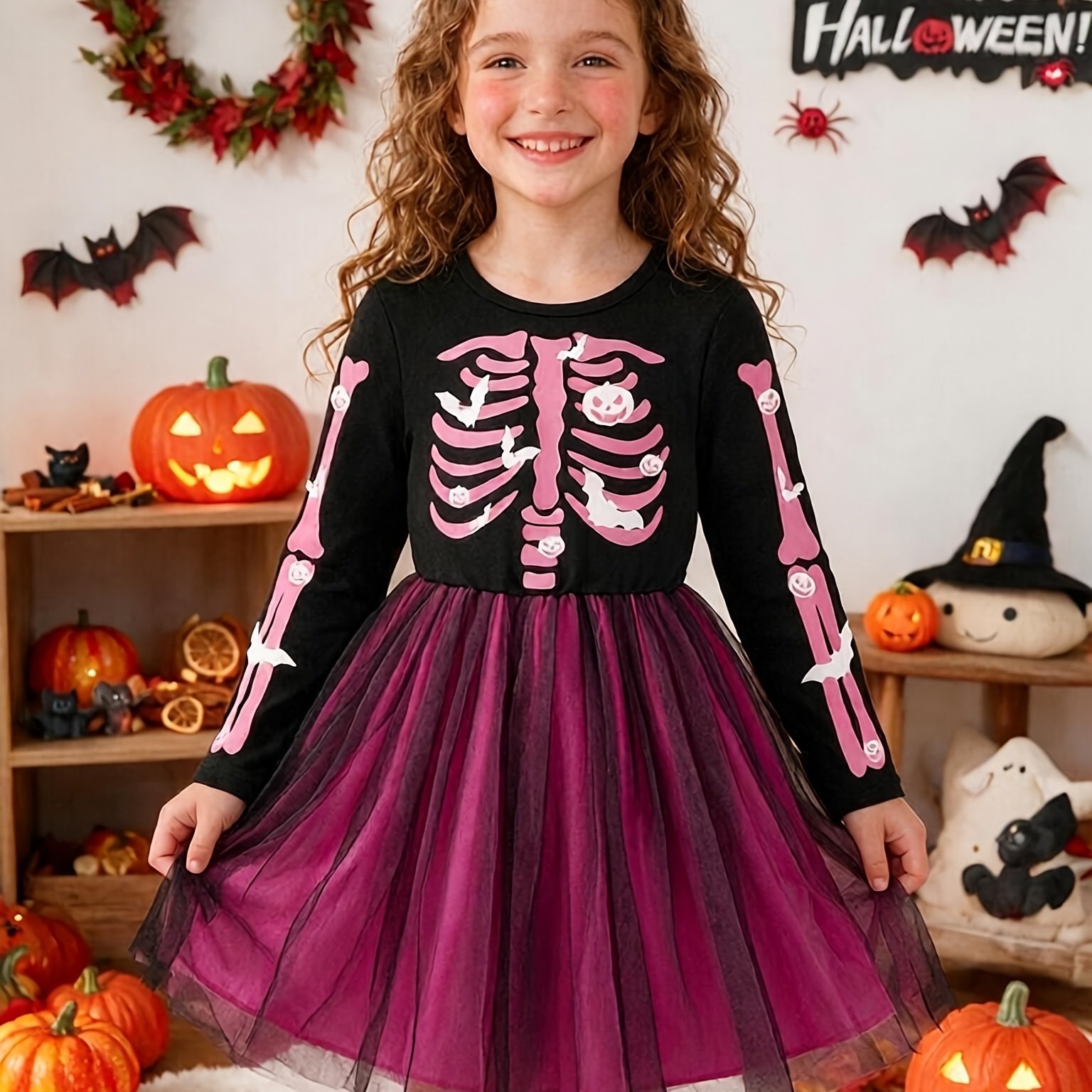 Image of Girls' New Autumn/ Style Dress With Pink Skeleton Print, Long Sleeves, Contrast Color Mesh, And A Flared Tutu Skirt For Children's Party Attire