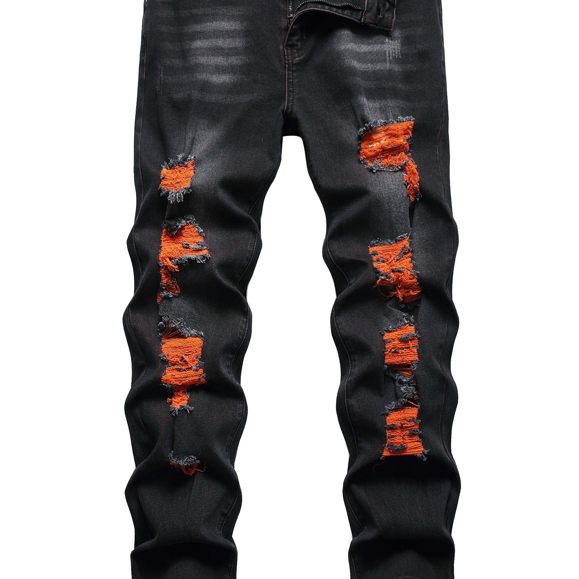 TEMU Men's Orange Ripped Stretch Skinny Fabric Color Wild Jeans