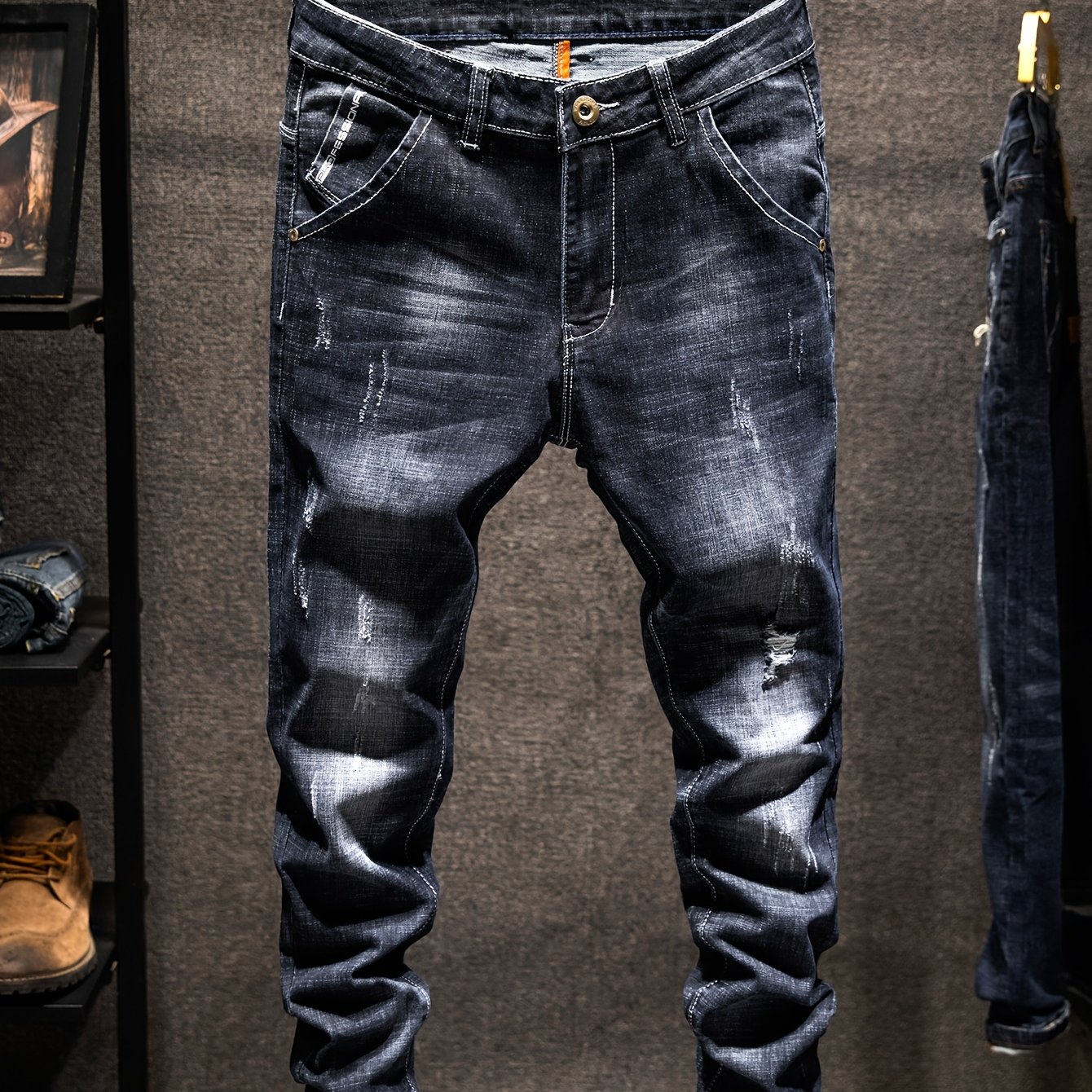 Image of Men's Stretch Casual Distressed Jeans, Street Style Faded Washed Trendy Jeans - Regular Fit, High Quality, Blend, Black Jeans, Blue Jeans, Casual Wear