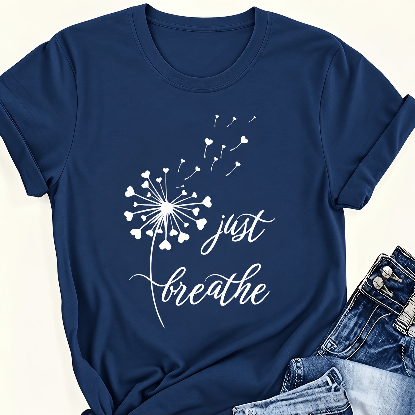 TEMU Casual T-shirt Floral Pattern And Just Breathe Print Navy Neck Machine Washable Funny Graphic Print T-shirt