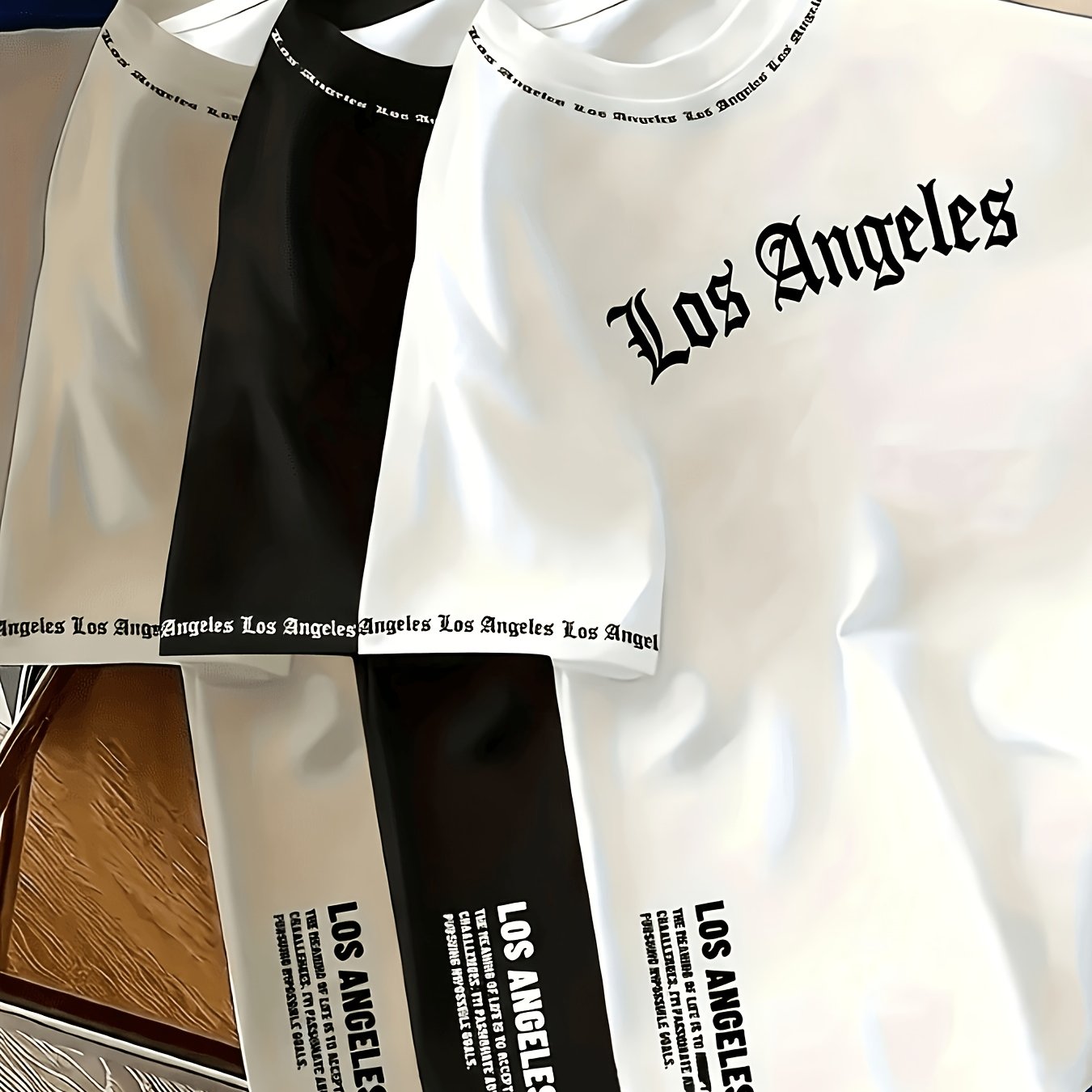 TEMU 3pcs Men's Los Angeles Gothic Font All-print T-shirt Set - White With And City Name, Short Sleeve Style, Round Neck, Machine Washable, Ideal For