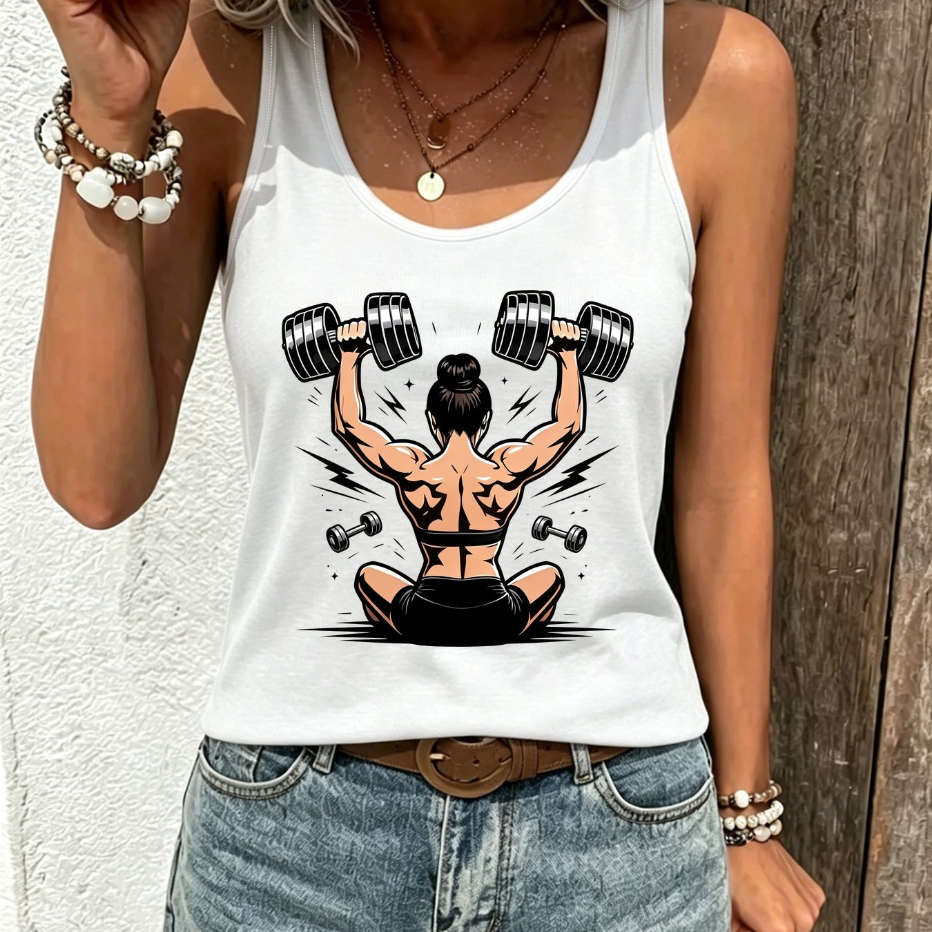 TEMU Womens Sleeveless Round Neck Tank Top With Lifting Dumbbells Pattern Casual Fitted Vest For And Daily Wear