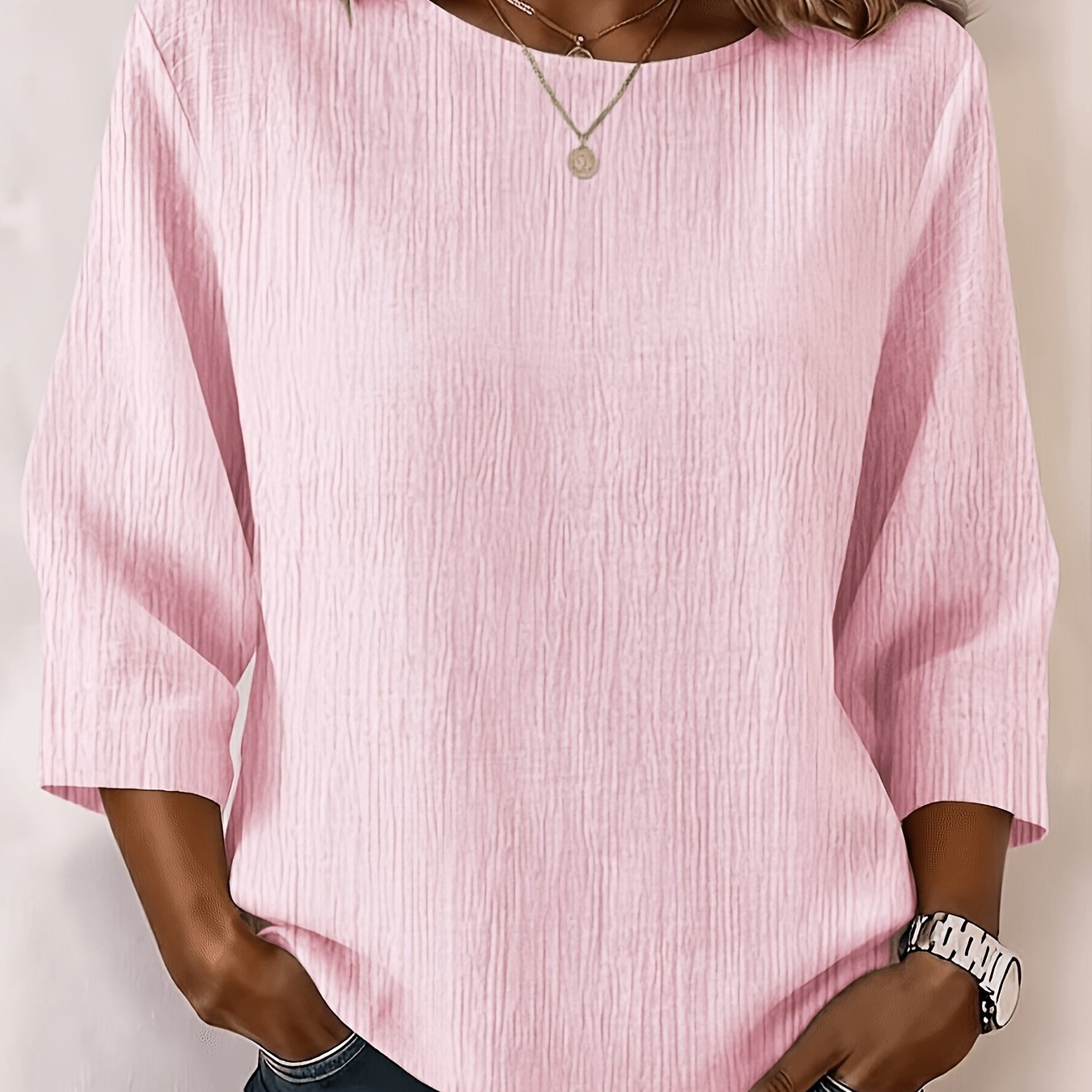 TEMU Casual, Fashionable, And Elegant Holiday Women's Regular Fit Solid Color Crinkle Fabric Three-quarter Sleeve Round Neck Shirt Top