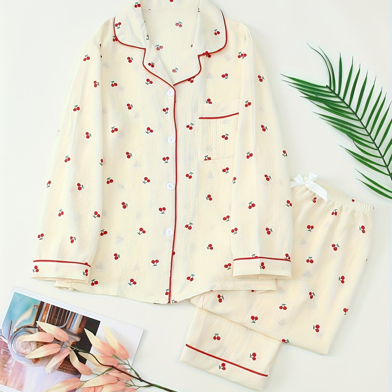 E-shop Damen-Pyjama-Set mit Kirschdruck in Übergröße, Neuankunft Herbst/Winter, mit Reverskragen, übergroßer Strickjacke mit langen Ärmeln langer Hose,