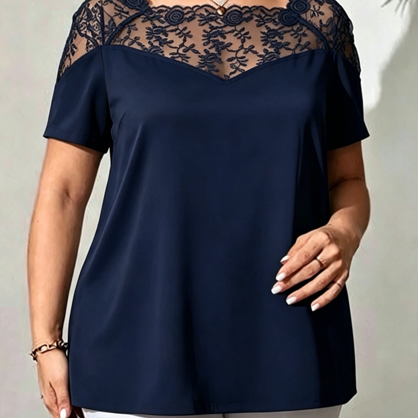 TEMU Plus Size, Plus Size Women's Elegant Short Sleeve Blouse-compatible T-shirt Top - Lace Round Neck Solid Color Suitable For Casual & Semi-formal
