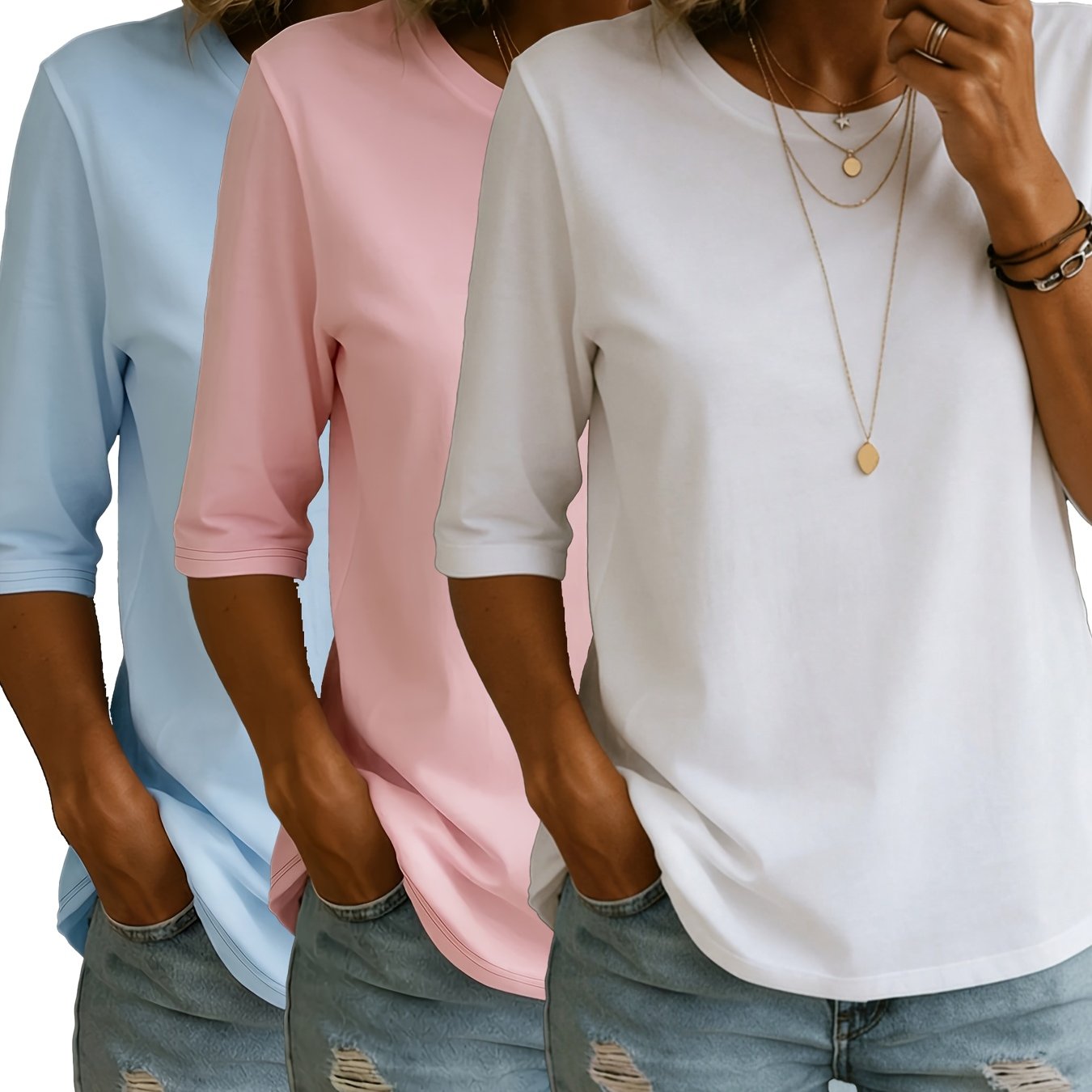 TEMU 3pcs Set Women's Fashion Spring Summer New Women's Clothing, Easy , Solid Color No Print Round Neck Short Sleeve, Loose Casual Top Base T-shirt,