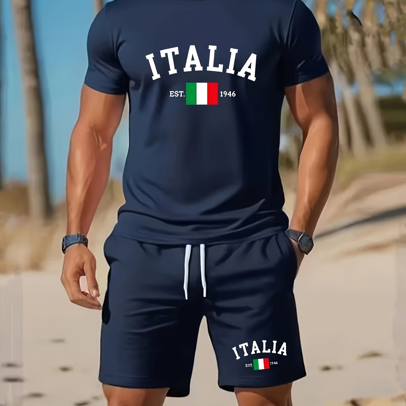 TEMU Completo da estivo stile vacanze al mare ITALIA con elementi , composto da t-shirt e shorts, set 2 pezzi casual, sportivo e multifunzionale