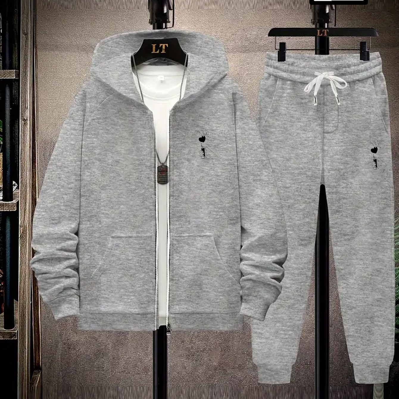 TEMU Men's Plus Size Casual Sweatshirt Set, Fleece-lined Hooded Zipper Cardigan, Burning Heart Print Pattern, Pocket Casual Sweatshirt, Comfortable