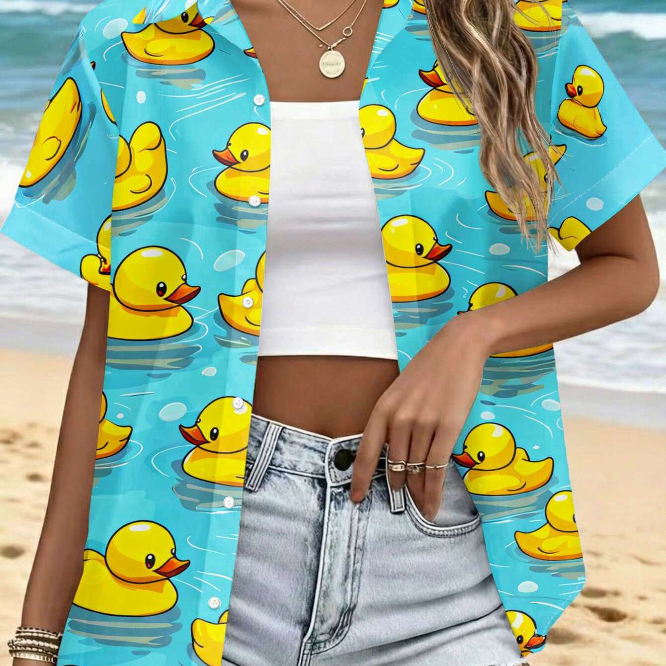 TEMU Nueva camisa de manga corta para mujer con diseño estampado de flotando en una piscina de agua azul, una superior casual versátil para el