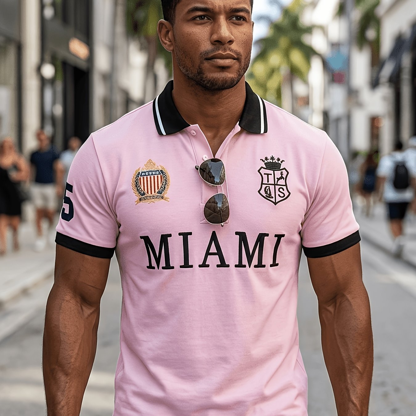 Image of New Short Sleeve Shirt Men's American Miami Fit Slit Embroidery Contrast Rib