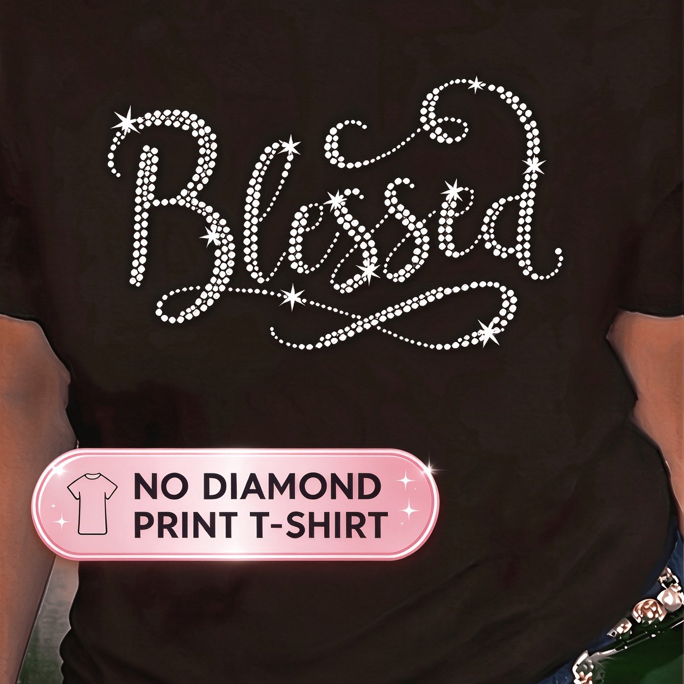 TEMU Plus Size - Plus Size - Women's Casual T-shirt Blessed Lettering Round Neck Spring Summer Regular Length Black Seasonal Fashion Retro Design