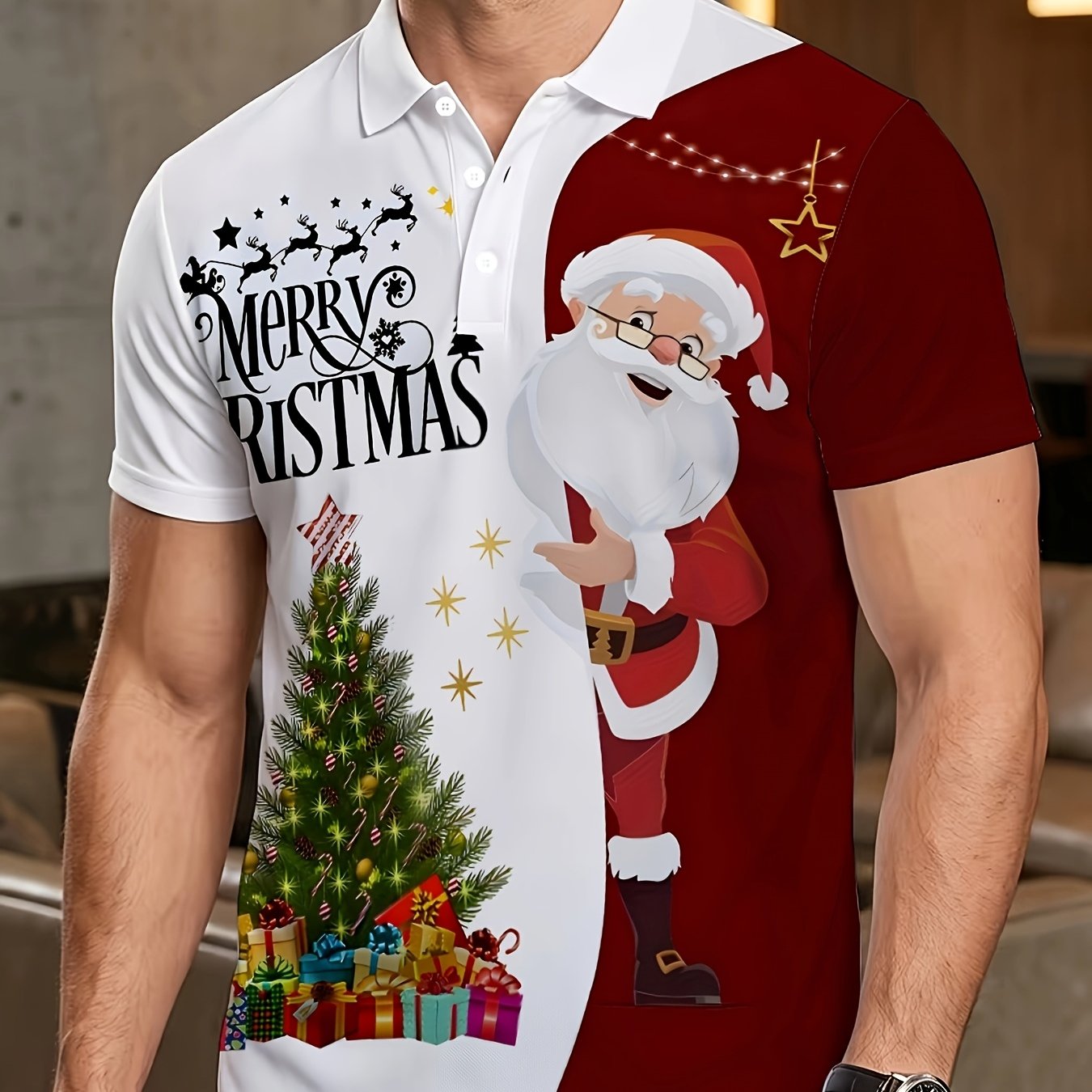 TEMU [print Design - Not Textured] Men's Red White Half-color Christmas Santa Claus Christmas Tree Print Short Sleeve Shirt Holiday Lapel Casual