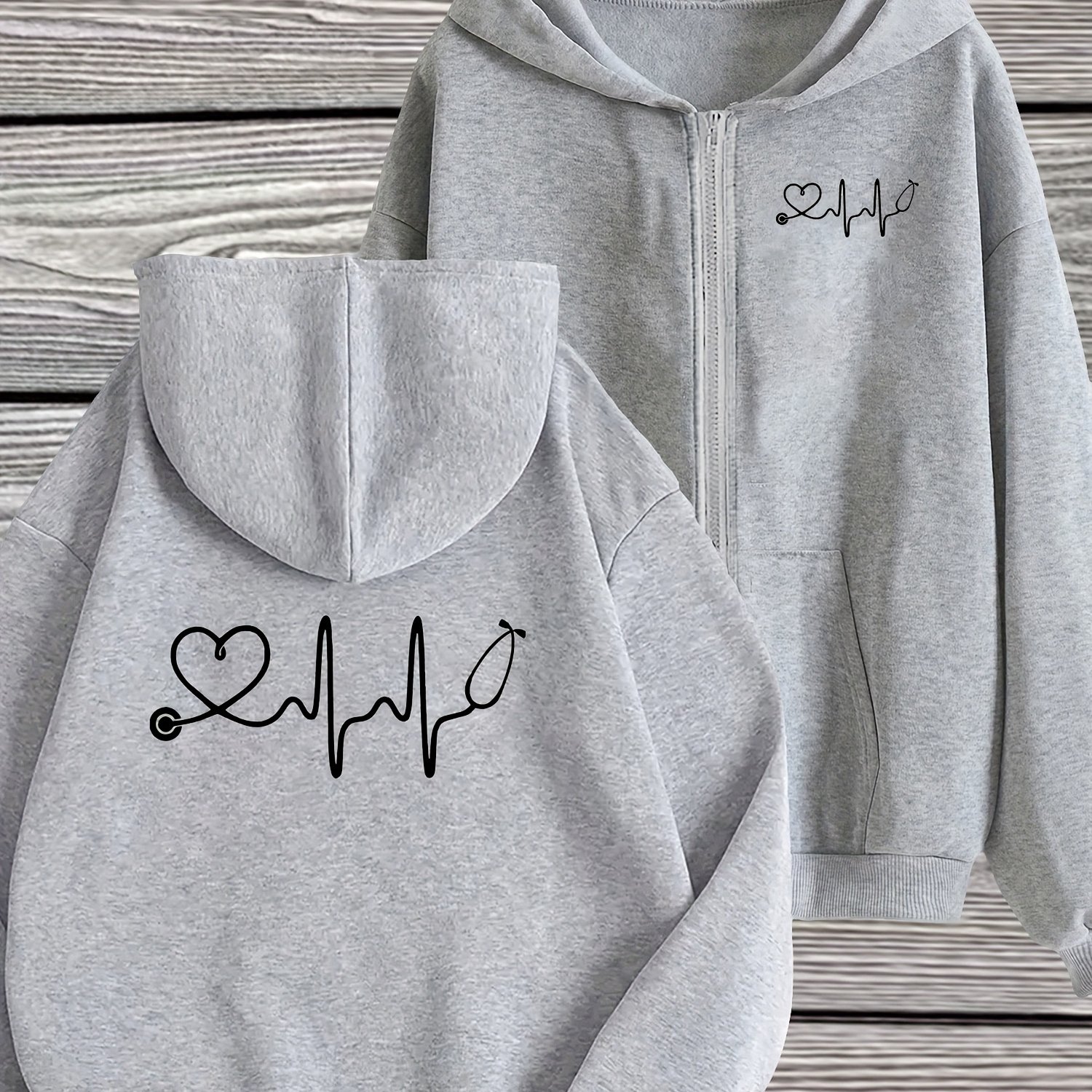 TEMU Veste à capuche zippée intégrale pour femme, sweat à capuche zippé à motif stéthoscope de cœur, coupe régulière, tissu confortable, entretien