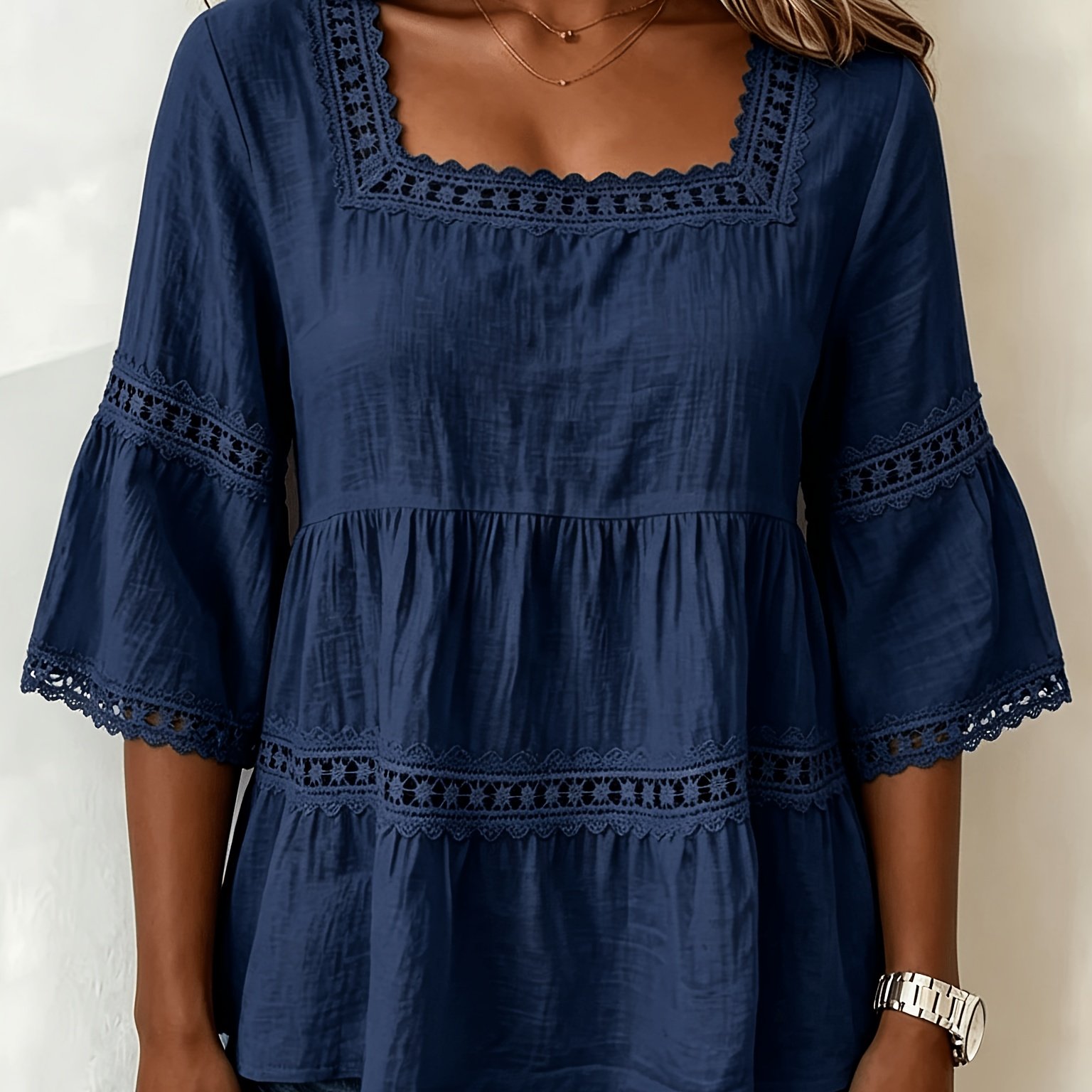 Image of Summer Solid Color Casual Square Neck Trim Three-quarter Sleeve Blouse For Women