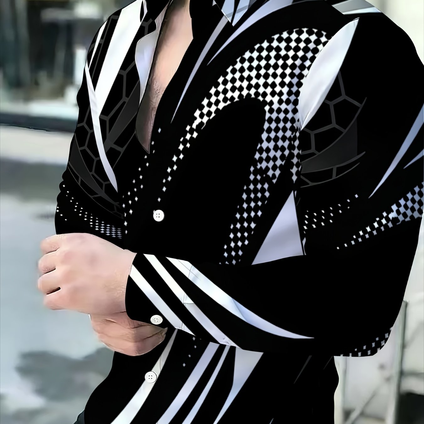 TEMU Men's Fashion Shirt, Black And White Contrast , Long Sleeve Casual Shirt, Trendy