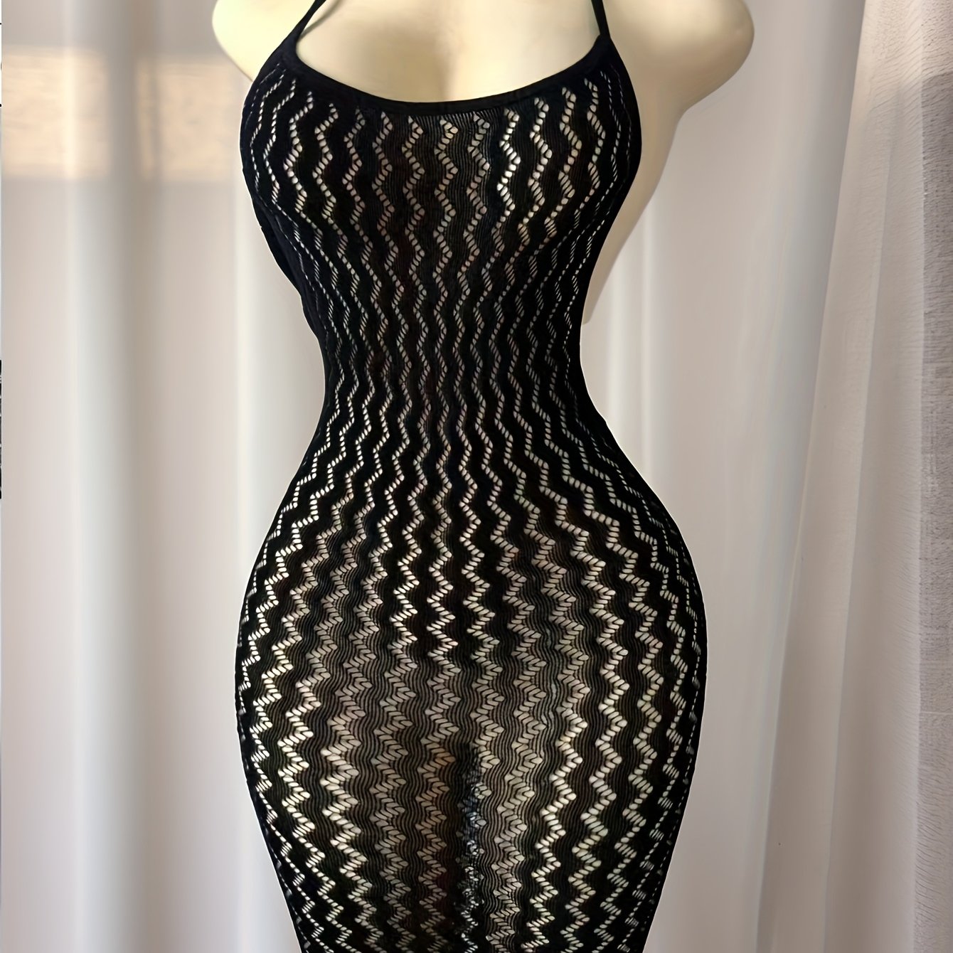 Image of Women's Fashion Halter Dress | High Stretch Fabric, Off The Shoulder, Solid Color, Contrast Mesh Details, Straight Skirt, Suitable For Festivals And Music Events