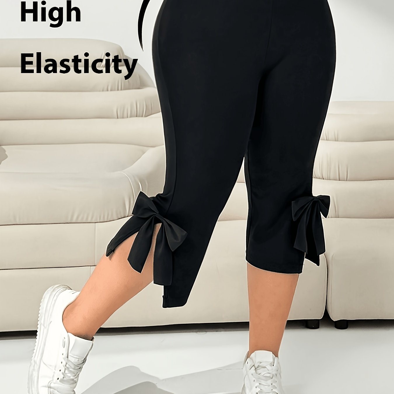 TEMU Plus Size, Plus Size Women's Black Bow-decorated Casual Slit Capri Pants