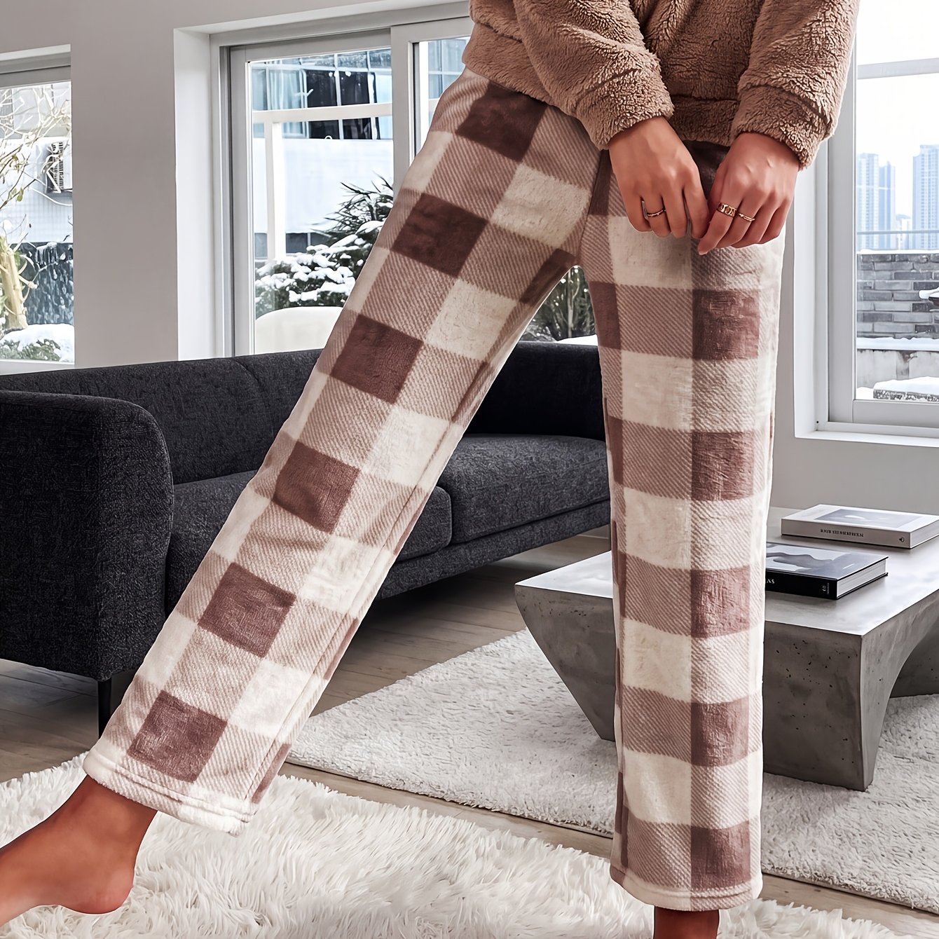 TEMU Pantalones de franela a cuadros grandes marrones para mujer para estar en casa, pijama de pierna y gruesa para ropa de estar por casa casual de