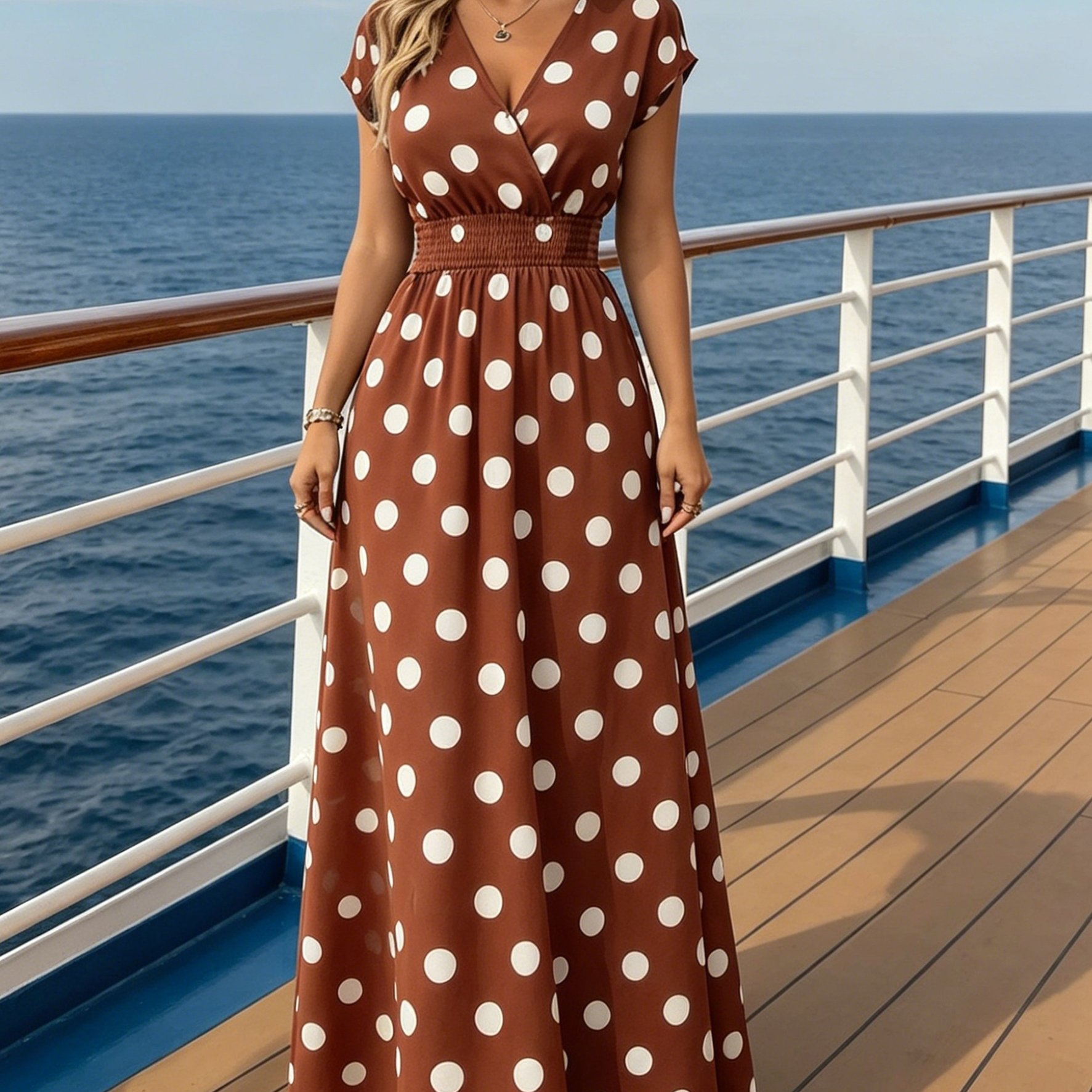 TEMU Summer New Retro Polka Dot V-neck Waist-cinching Long Dress