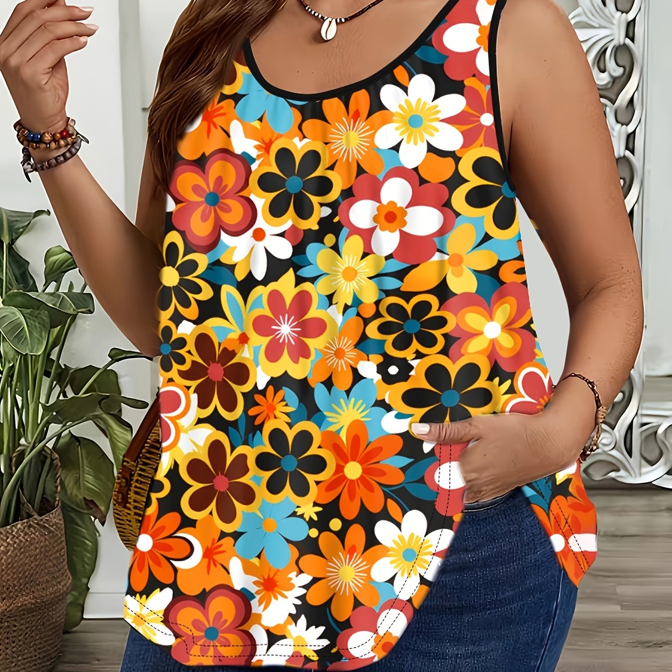 TEMU Plus Size, Plus Size Women's Vintage Floral Print Tank Top, Summer Loose Sleeveless Crew Neck Top