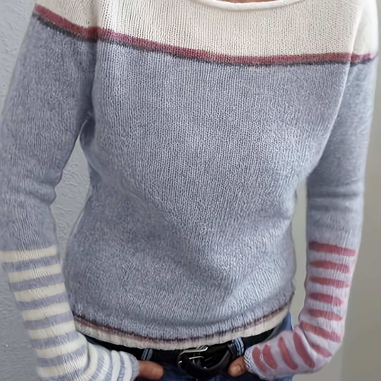 TEMU Pull décontracté vintage à manches longues et col ras du cou pour femme, à rayures asymétriques et à blocs de couleur, pour /