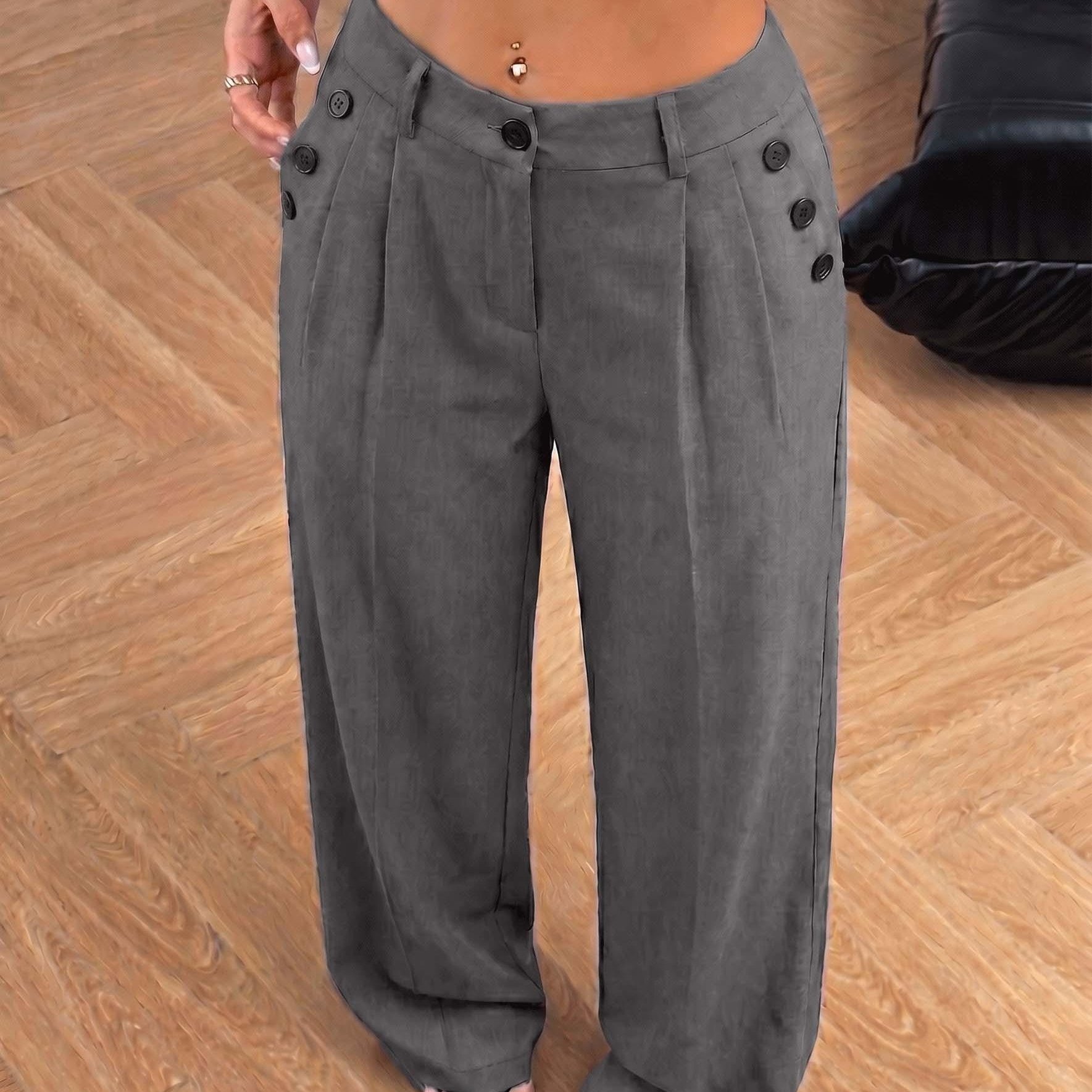 TEMU High-waisted Wide-leg Suit Pants - Professional Tailored Trousers With Side Button Closure & Draping Fabric For Curve-concealing Coverage, Solid