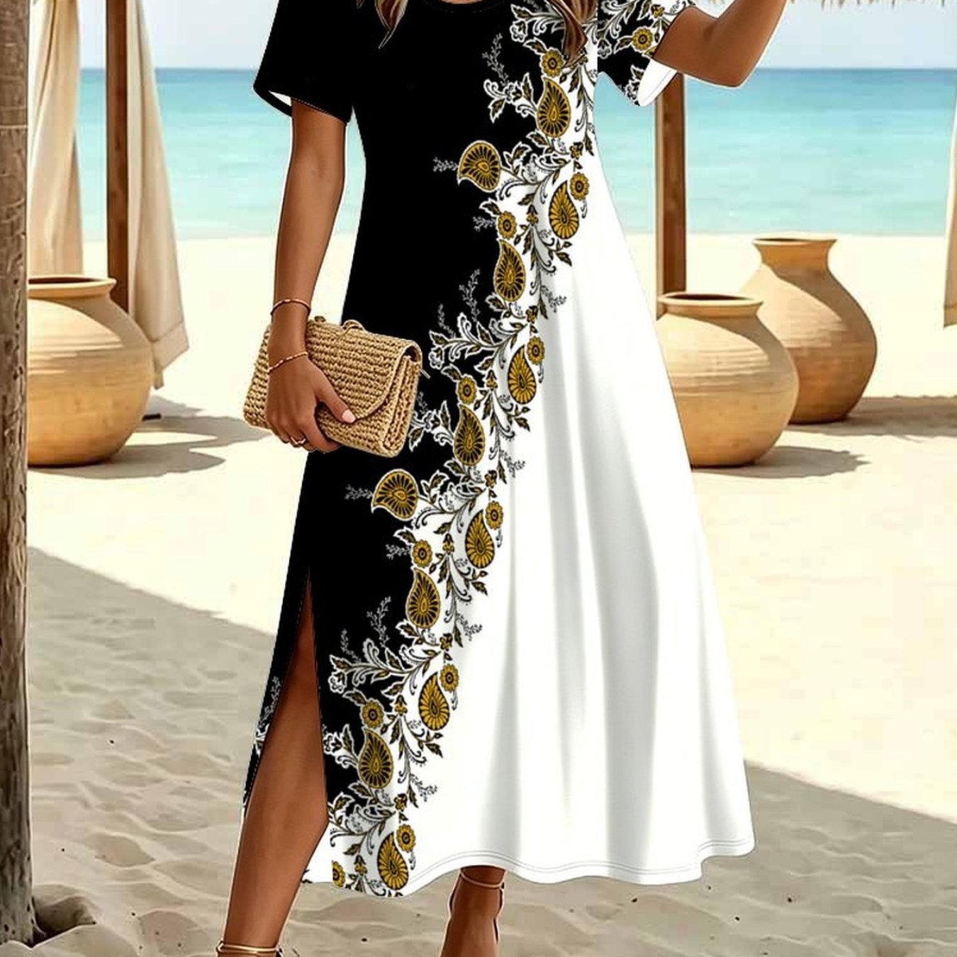 Image of Plus Size Women's Summer Fashion Dress, Casual With Tiny Botanical Floral Print, Crew Neck Short Sleeve Split Hem Elegant Dress