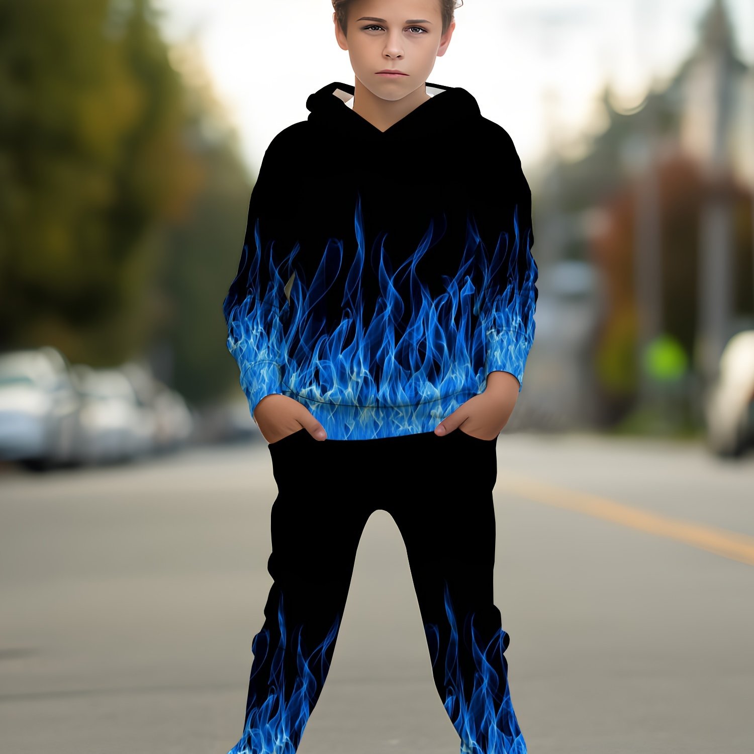 TEMU Gift For Boys Blue Flame Print Boy Hoodie Set Hoodie Pant Pocket Set