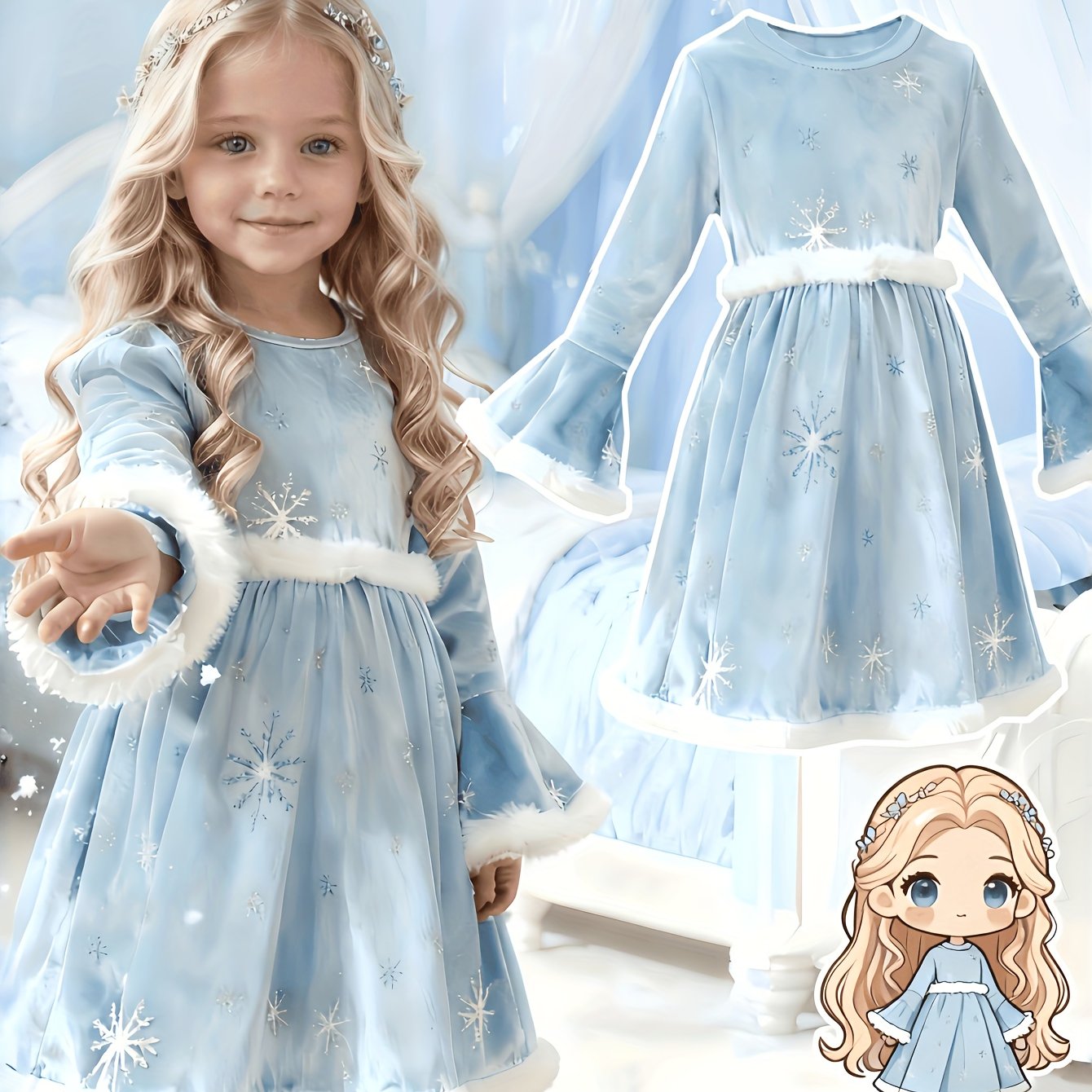 Image of Autumn And Winter Girls' Dress, Long Sleeve Dress With Faux Fur Trim, Suitable 4-7, Snowflake Iron-on Print, Soft And Light Beige-friendly Casual Attire