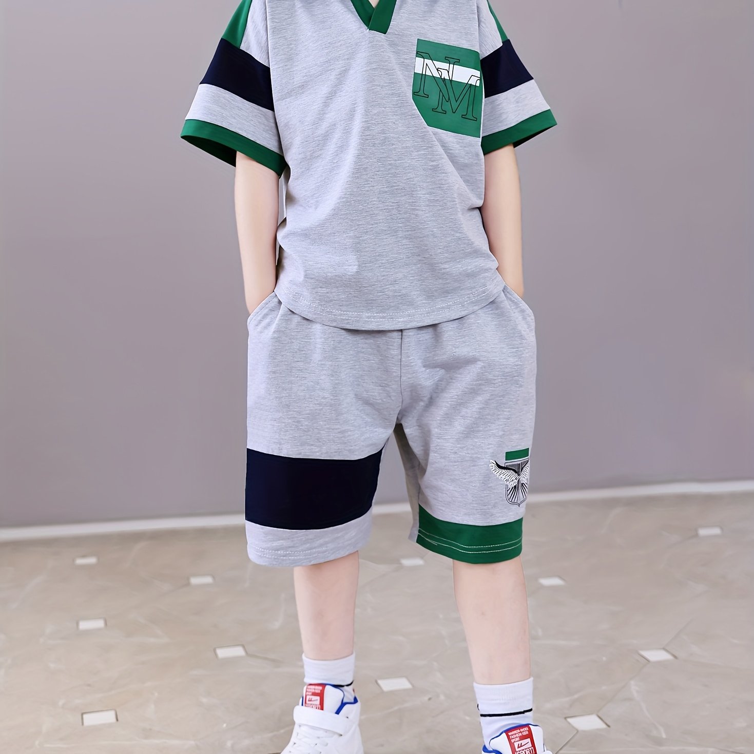 Image of 2025 Summer Boys' Set V-neck With Strong Fashion Sense, , Soft Fabric, Comfortable Touch, Suitable For Close , Perfect For Outdoor