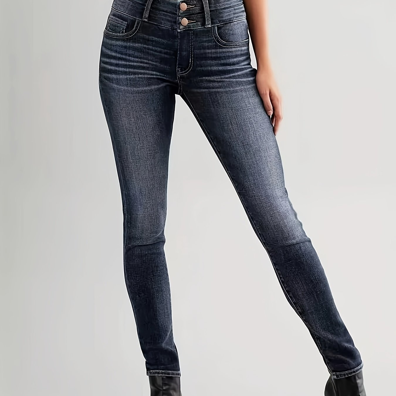 Image of Women's Jeans, High-waist Stretch Pants That Make Feet Look Slimmer, Machine Washable, Suitable For , Fashionable And Versatile Double-button Design Dark Blue Women's Denim Trousers