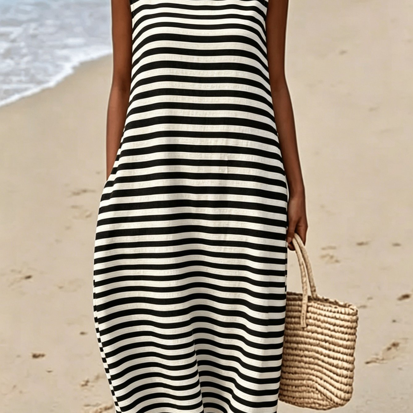 Image of Plus Size, Plus Size Women Sleeveless Tank Dress, Black And White Striped Print Midi Dress, Casual Minimalist Style, Perfect For Beach Vacation Daily Wear