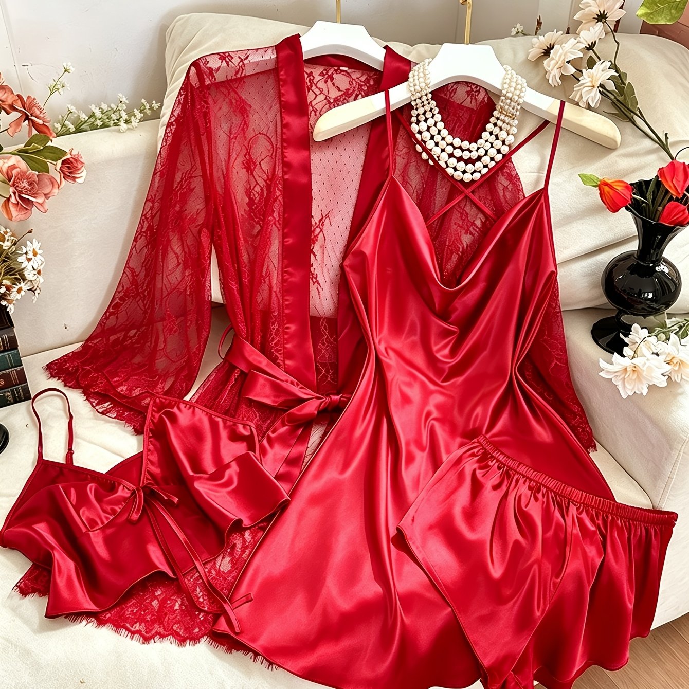 TEMU Women's Mesh Robe Nightgown Cami Shorts 4pcs Set Sexy Elegant Sleepwear